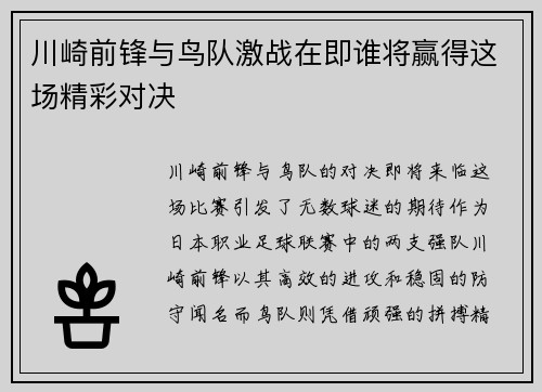 川崎前锋与鸟队激战在即谁将赢得这场精彩对决