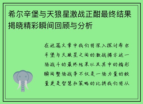 希尔辛堡与天狼星激战正酣最终结果揭晓精彩瞬间回顾与分析